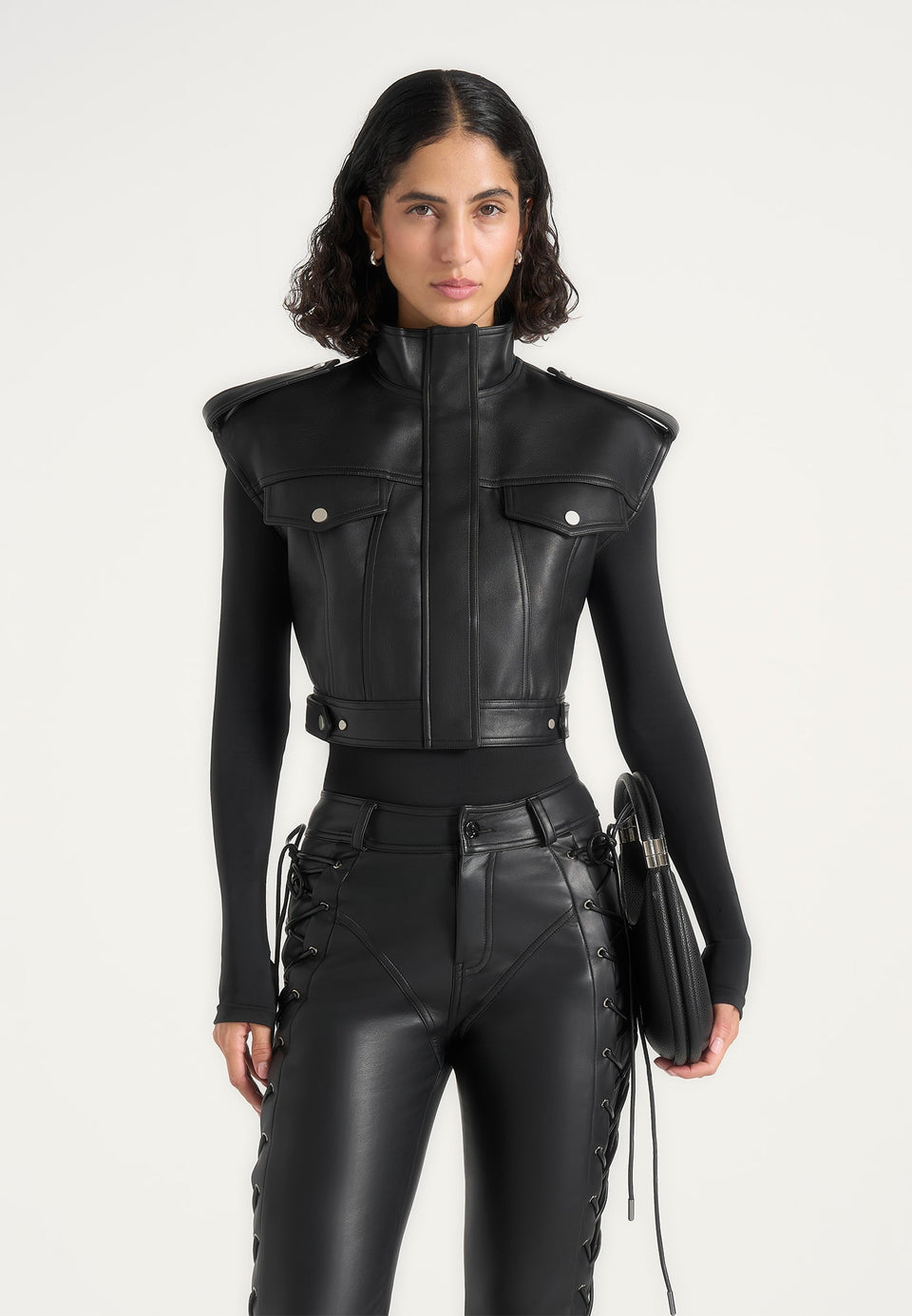 Imelda - Leather Cropped Wide Shoulder Sleeveless Jacket - Black