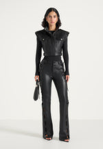 Imelda - Leather Cropped Wide Shoulder Sleeveless Jacket - Black