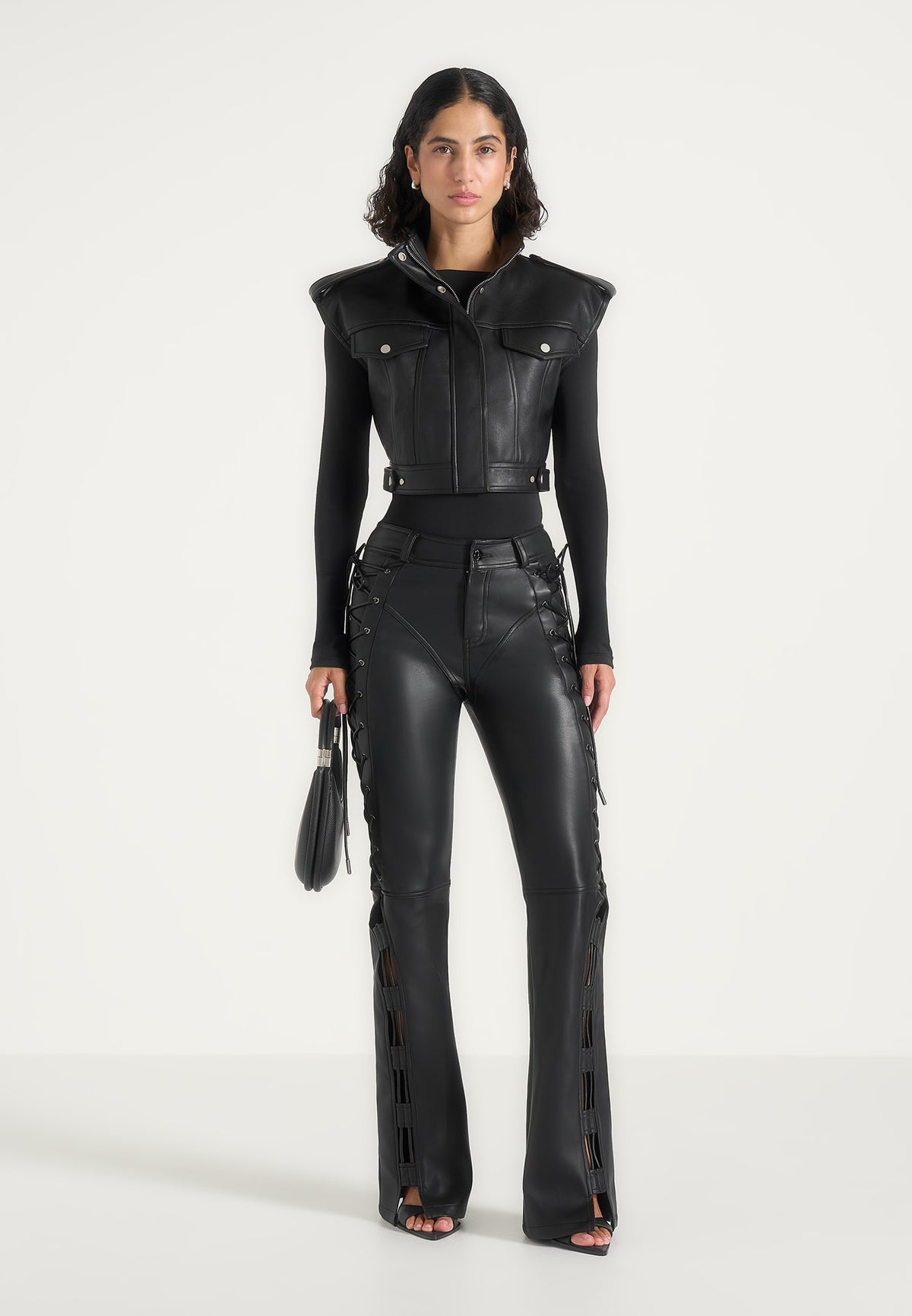 Imelda - Leather Cropped Wide Shoulder Sleeveless Jacket - Black