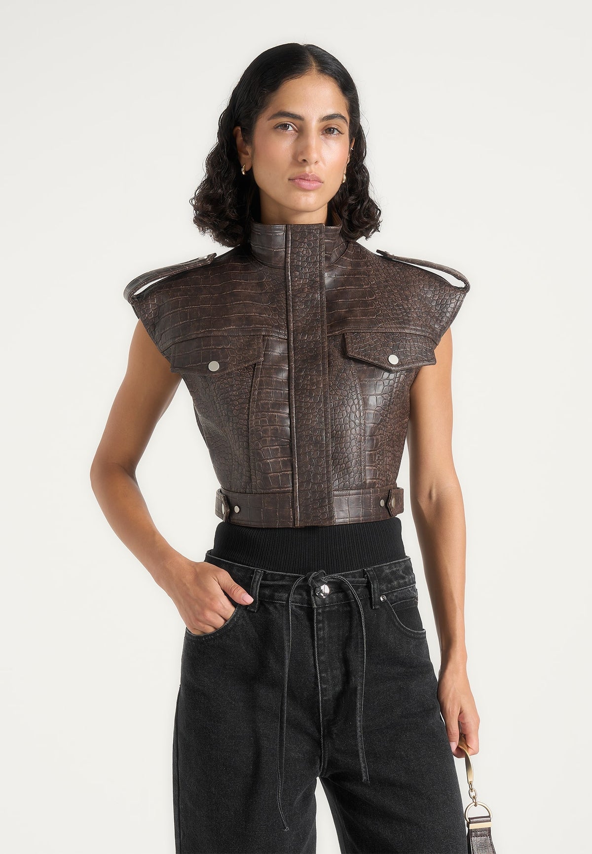 Imelda - Croc Cropped Wide Shoulder Sleeveless Jacket - Brown