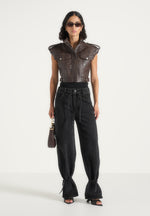 Imelda - Croc Embossed Wide Shoulder Sleeveless Jacket - Brown