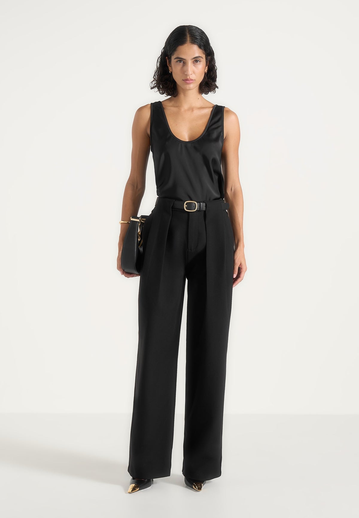 Jodie - Belted Box Pleat Tailored Wool-Blend Pants - Black