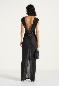 Ulina - Seamed Sheer Back Hardware Detail Maxi Dress - Black