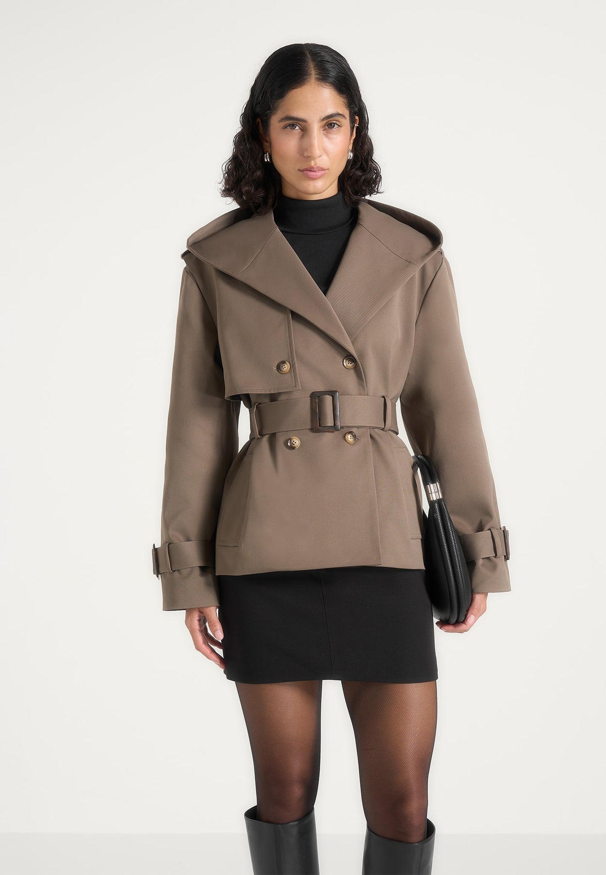 Kassidy - Hooded Double Breasted Wool-Blend Crop Trench - Olive