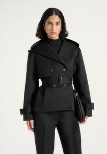 Kassidy - Hooded Double Breasted Wool-Blend Crop Trench - Black