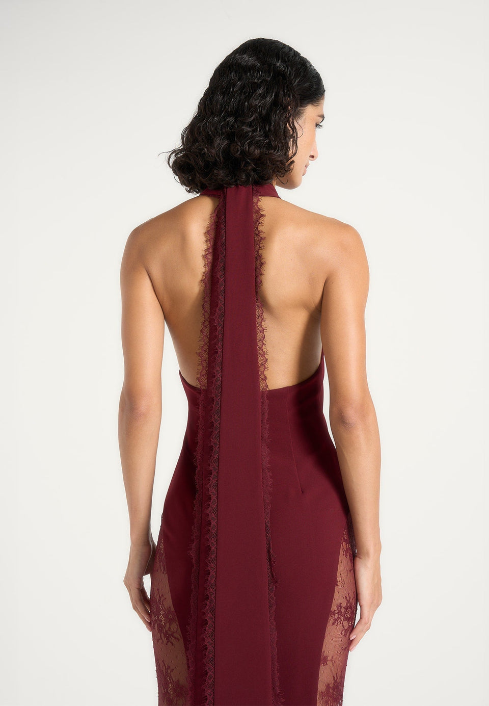 Jessica - Contour Lace Halter Drape Neck Maxi Dress - Wine Red