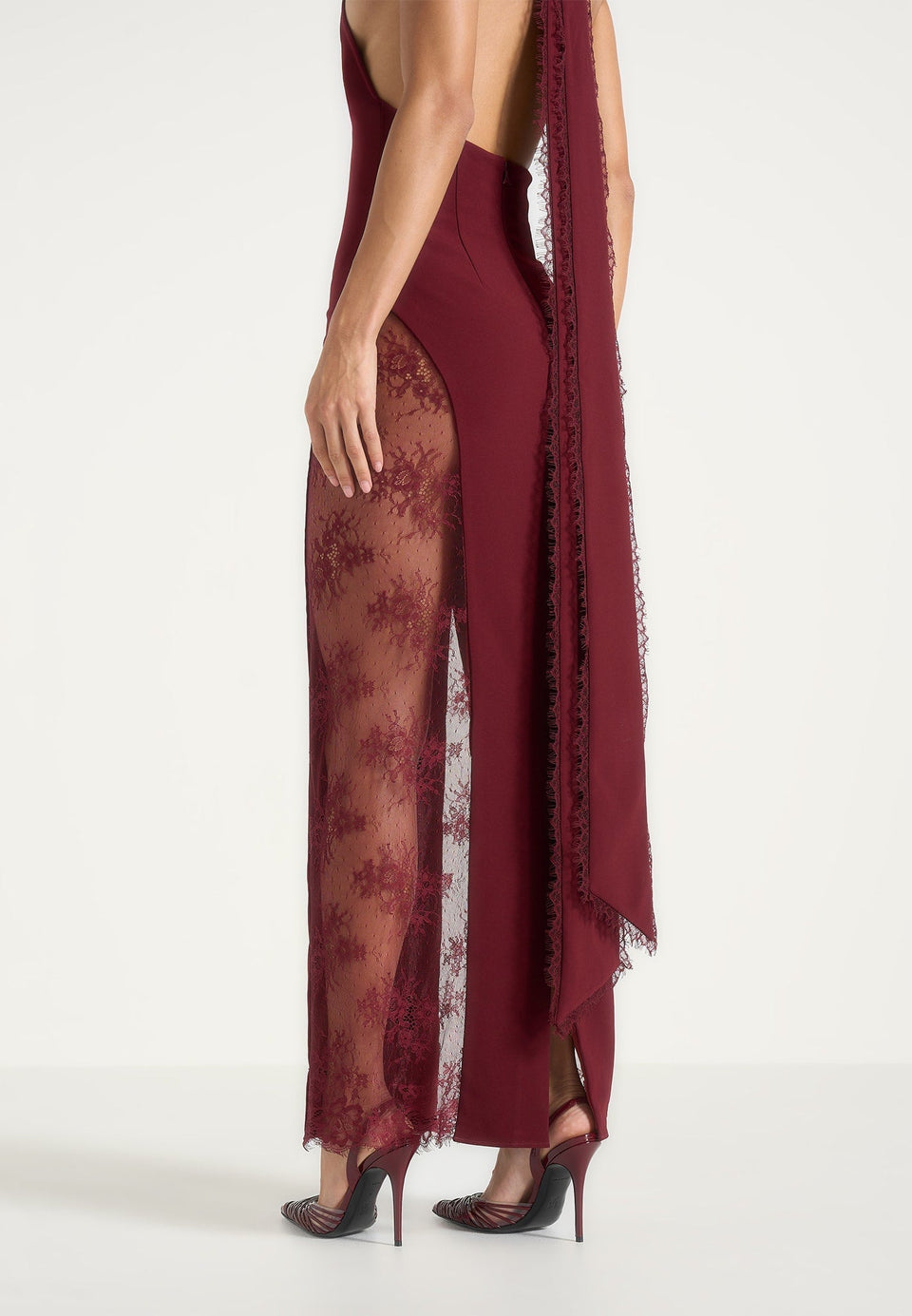 Jessica - Contour Lace Halter Drape Neck Maxi Dress - Wine Red