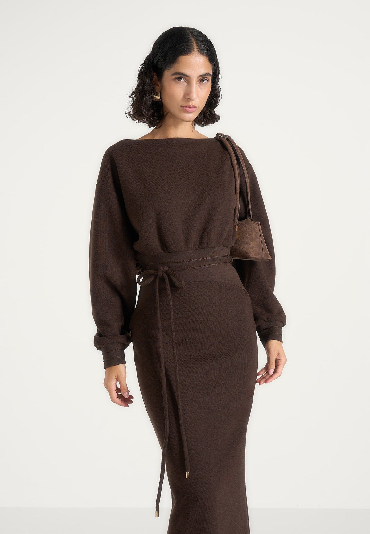 Esme - Belted Knit Maxi Sweater Dress - Brown