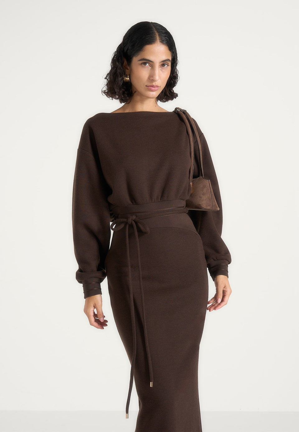 Esme - Belted Knit Maxi Sweater Dress - Brown