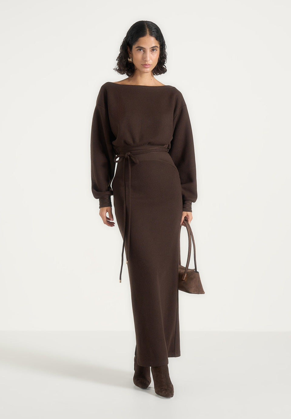Esme - Belted Knit Maxi Sweater Dress - Brown