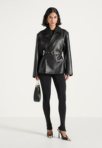Whitney - Double-Breasted Belted Leather Jacket - Black