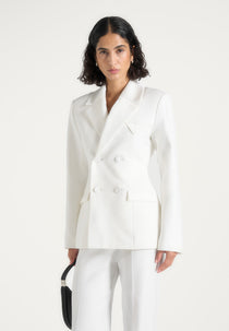 Maia - Double Breasted Satin Lapel Hourglass Blazer - White