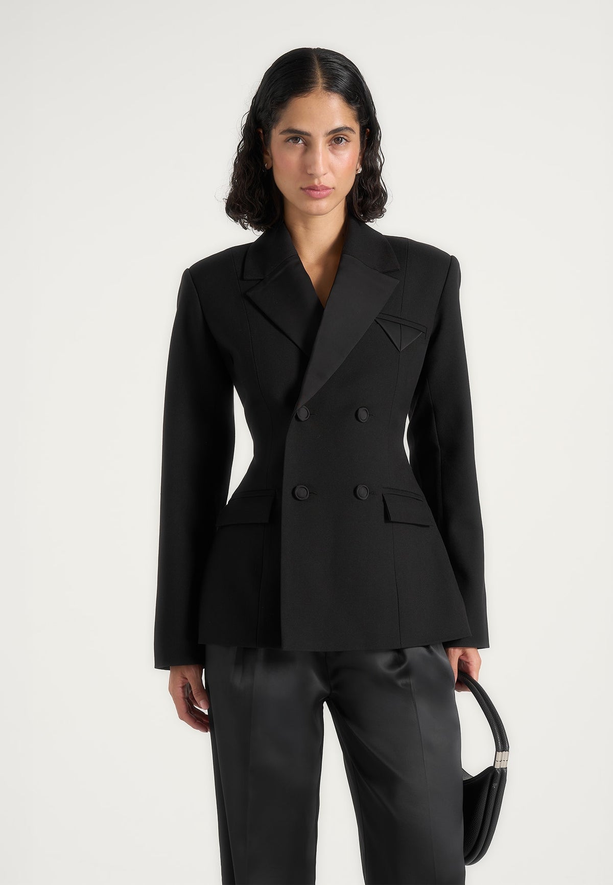 Maia - Double Breasted Satin Lapel Wool-Blend Hourglass Blazer - Black
