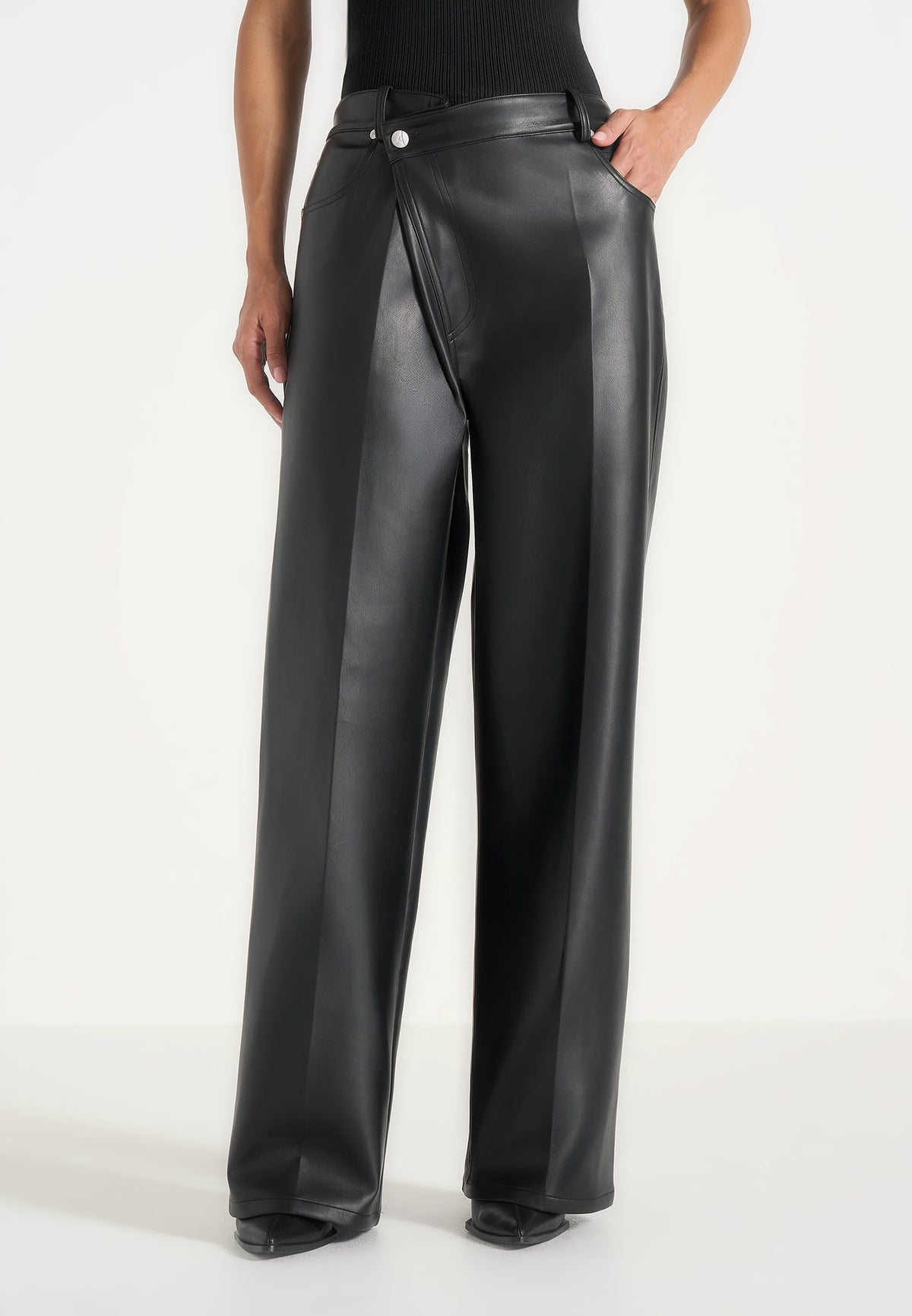 Astrid - Wrapover Wide Leg Leather Pants - Black
