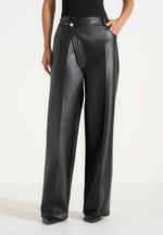 Astrid - Wrapover Wide Leg Leather Trousers - Black