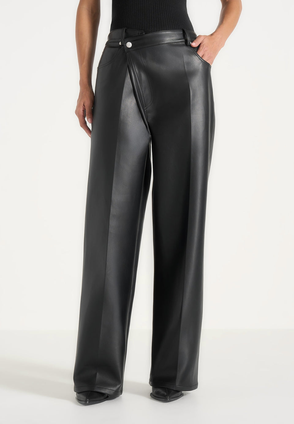Astrid - Wrapover Wide Leg Leather Trousers - Black