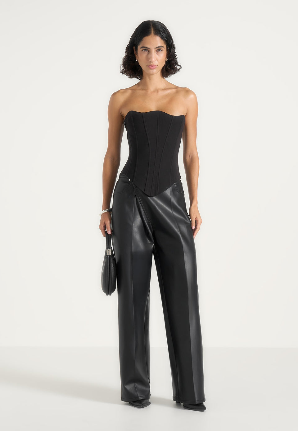 Astrid - Wrapover Wide Leg Leather Trousers - Black