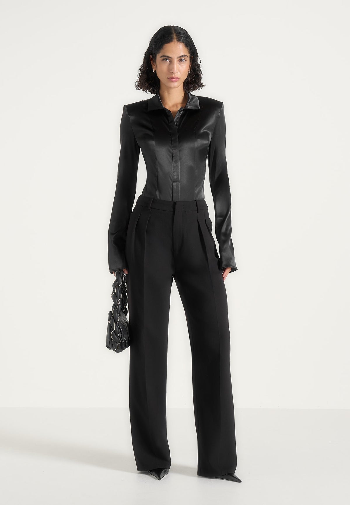 Louise - Wide Shoulder Satin Shirt Bodysuit - Black