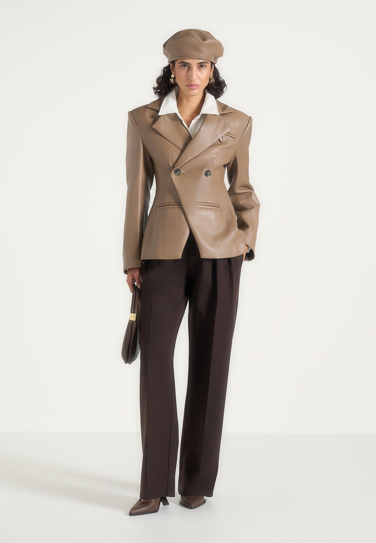 Beatrice - Leather Double Breasted Hourglass Blazer - Taupe