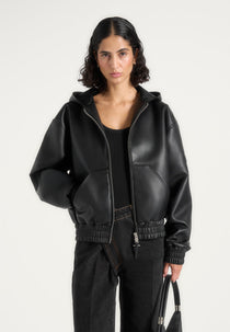 Jude - Unisex Leather Zip-Through Hooded Jacket - Black