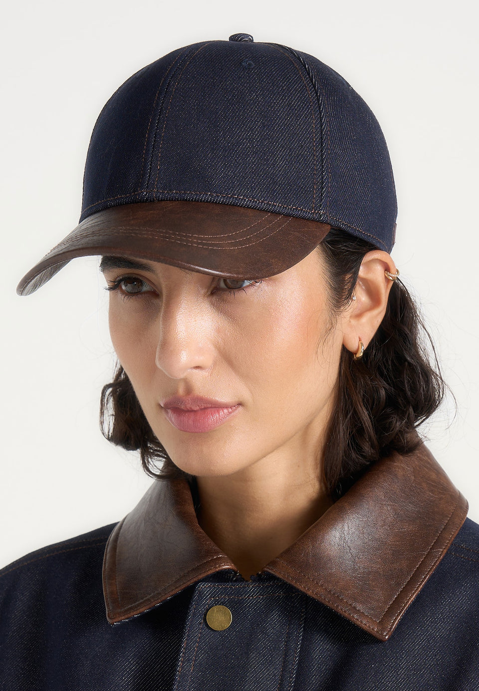 Ellis - Denim Cap With Leather Brim - Indigo