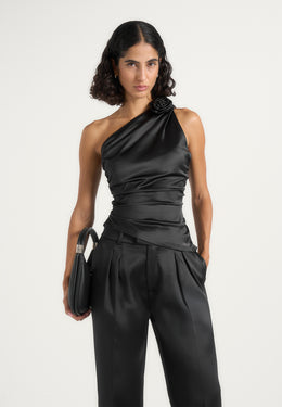 Heidi - One Shoulder Satin Rosette Top - Black