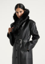 Cenya - Fur Collar Belted Leather Coat - Black