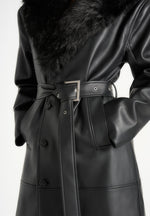 Cenya - Fur Collar Belted Leather Coat - Black