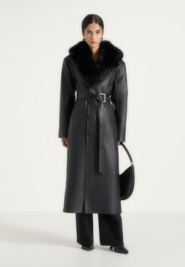 Cenya - Fur Collar Belted Leather Coat - Black