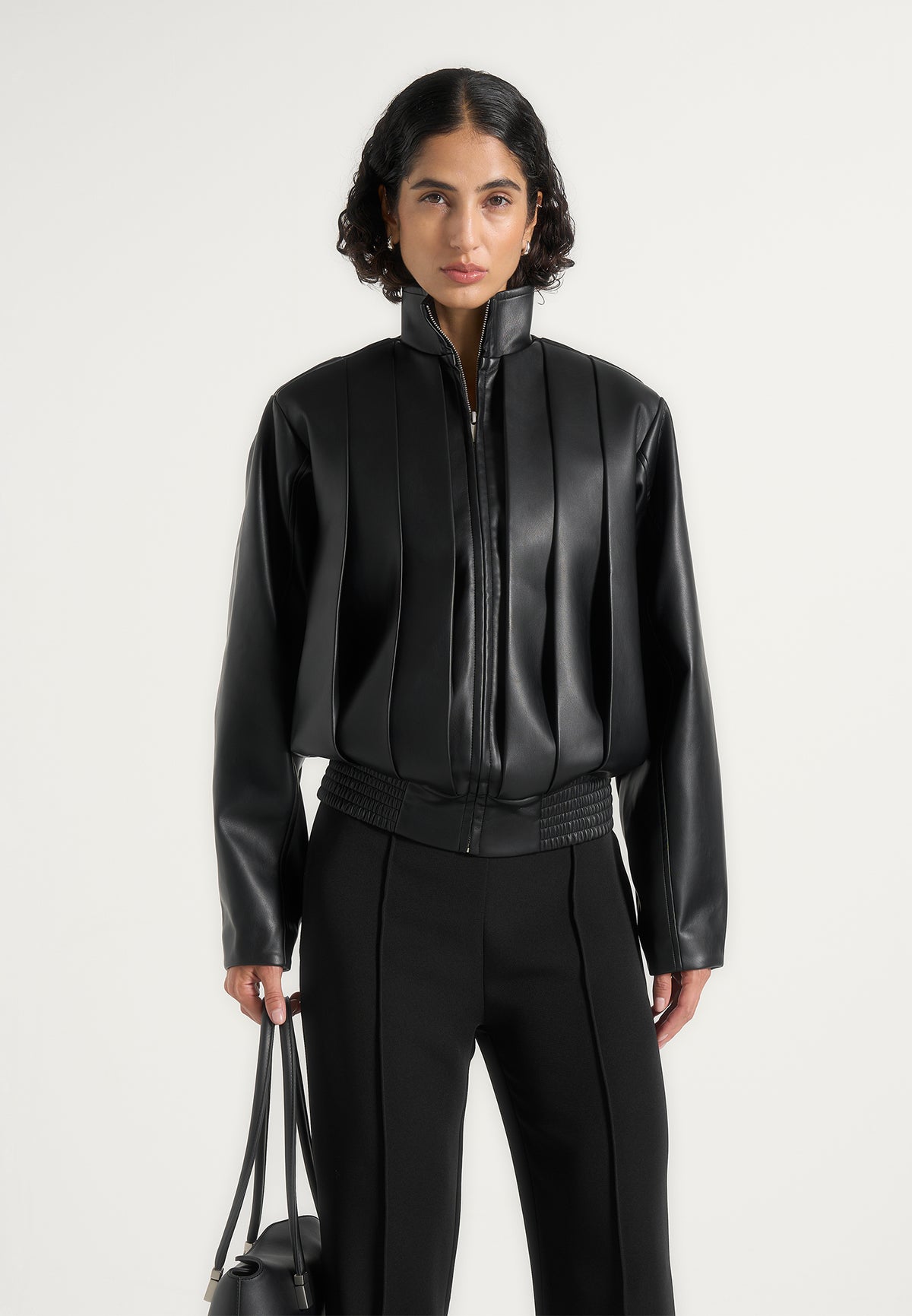 Kirsty - Oversized Pleated Leather Bomber Jacket - Black