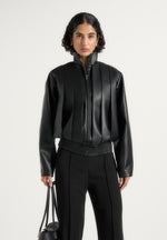 Piper - Oversized Pleated Leather Bomber Jacket - Black