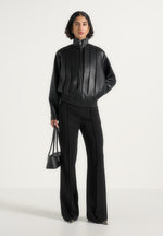 Piper - Oversized Pleated Leather Bomber Jacket - Black