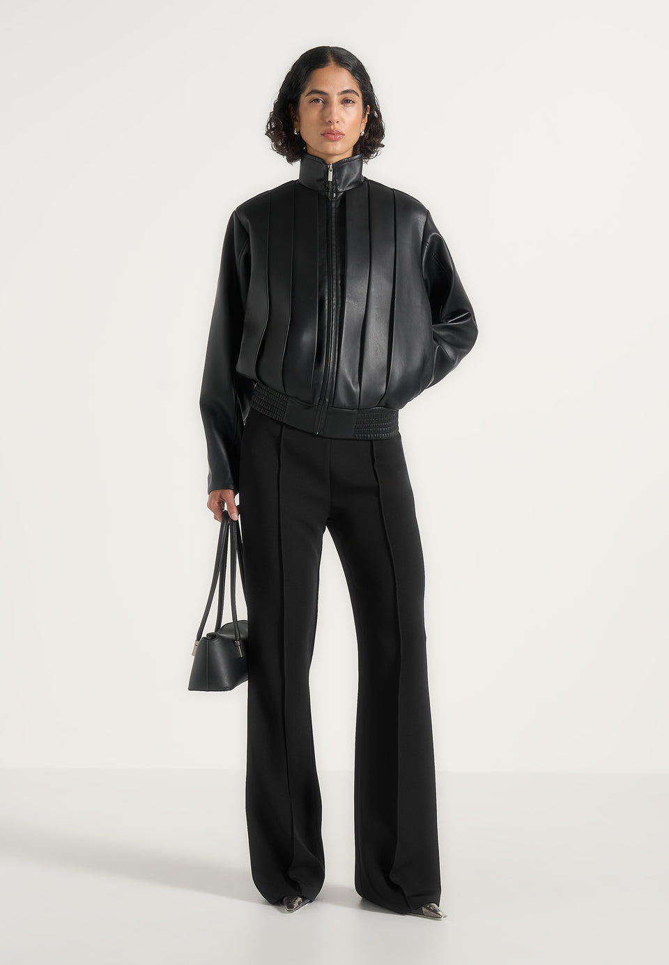 Piper - Oversized Pleated Leather Bomber Jacket - Black
