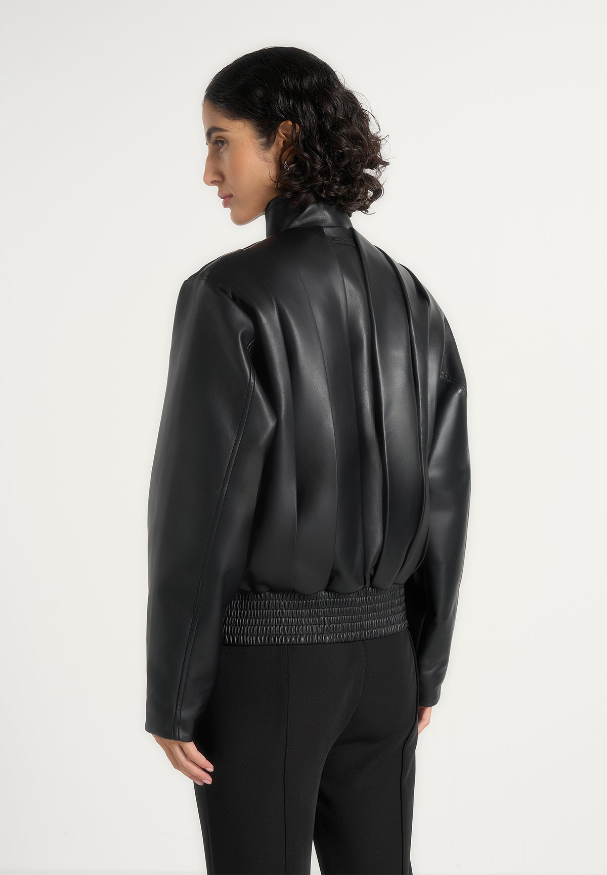 Piper - Oversized Pleated Leather Bomber Jacket - Black