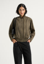 Piper - Oversized Pleated Suede Bomber Jacket - Dark Sage