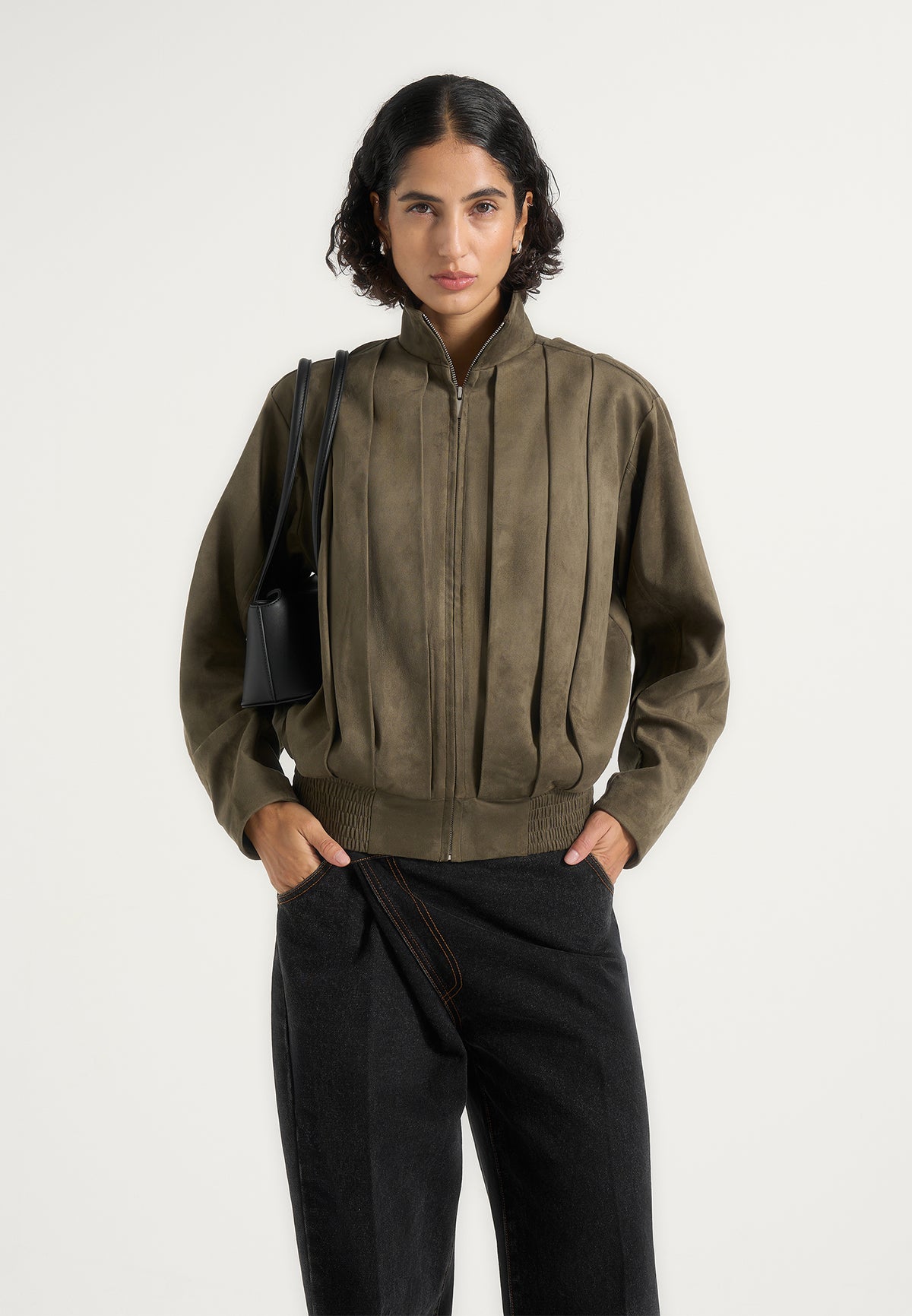 Piper - Oversized Pleated Suede Bomber Jacket - Dark Sage