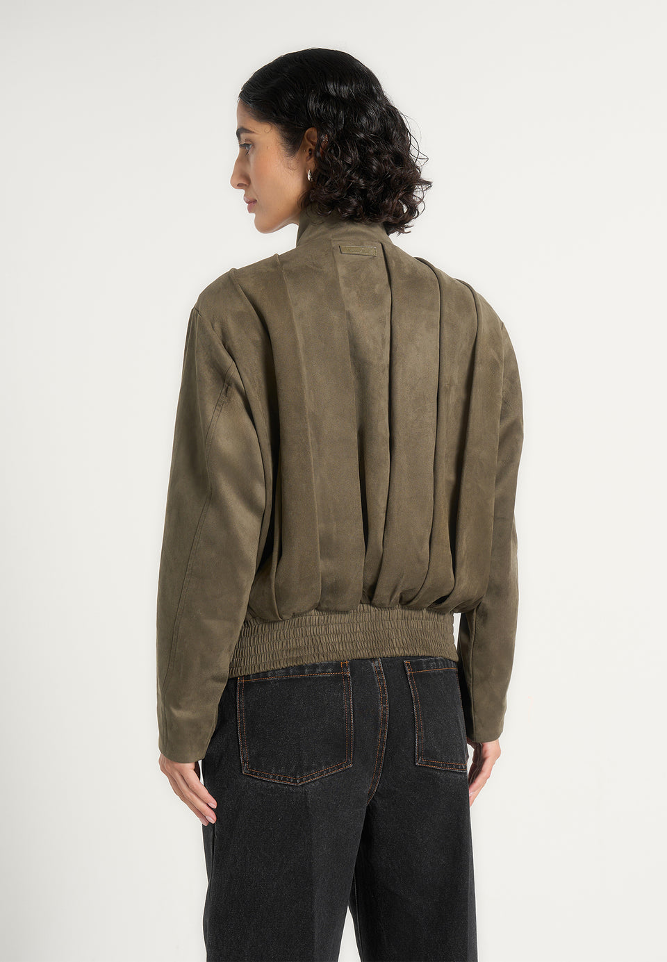 Piper - Oversized Pleated Suede Bomber Jacket - Dark Sage