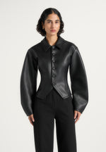 Maggie - Leather Collared Hourglass Jacket - Black