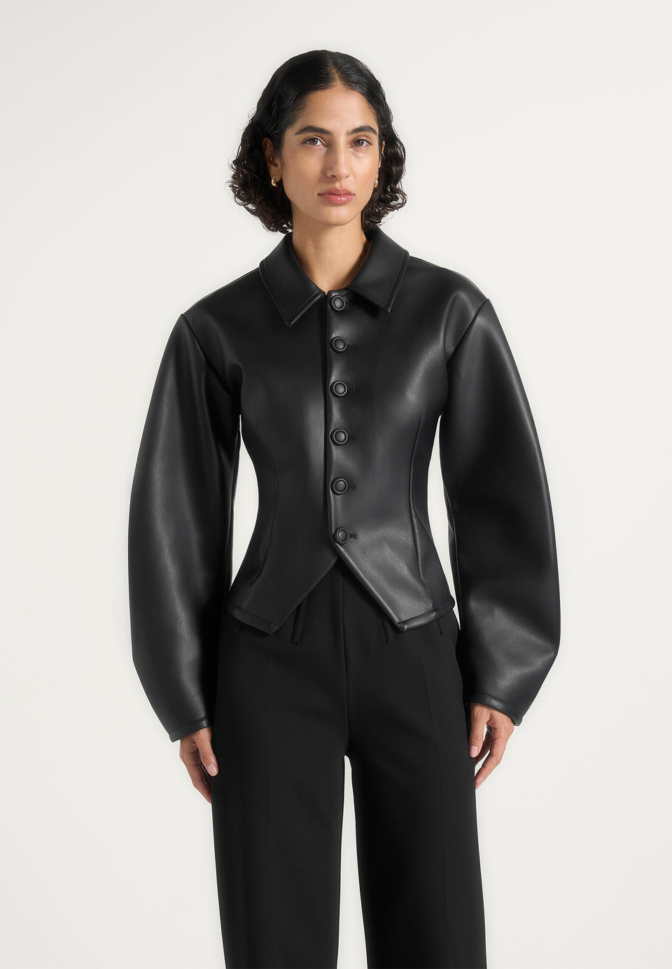 Maggie - Leather Collared Hourglass Jacket - Black