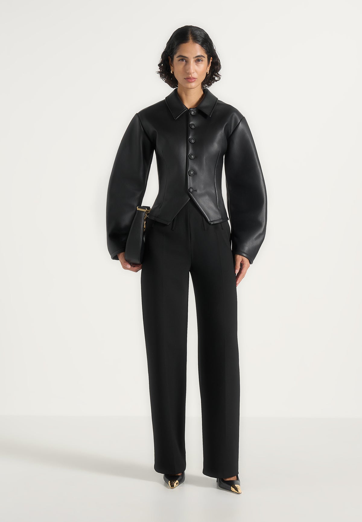 Maggie - Leather Collared Hourglass Jacket - Black