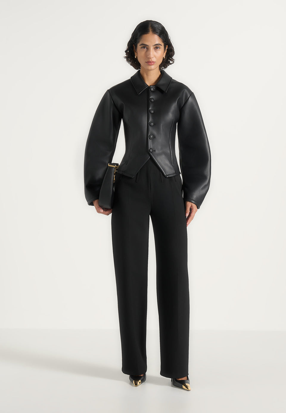 Maggie - Leather Collared Hourglass Jacket - Black