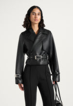 Amara - Cropped Leather Belted Biker Jacket - Black
