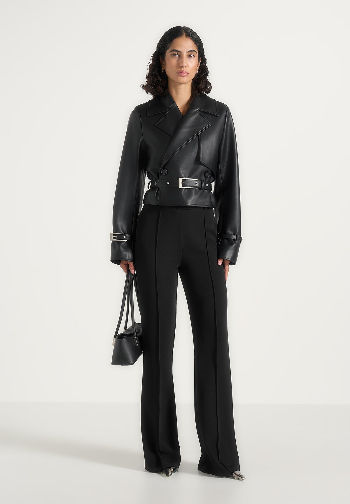 Amara - Cropped Leather Belted Biker Jacket - Black