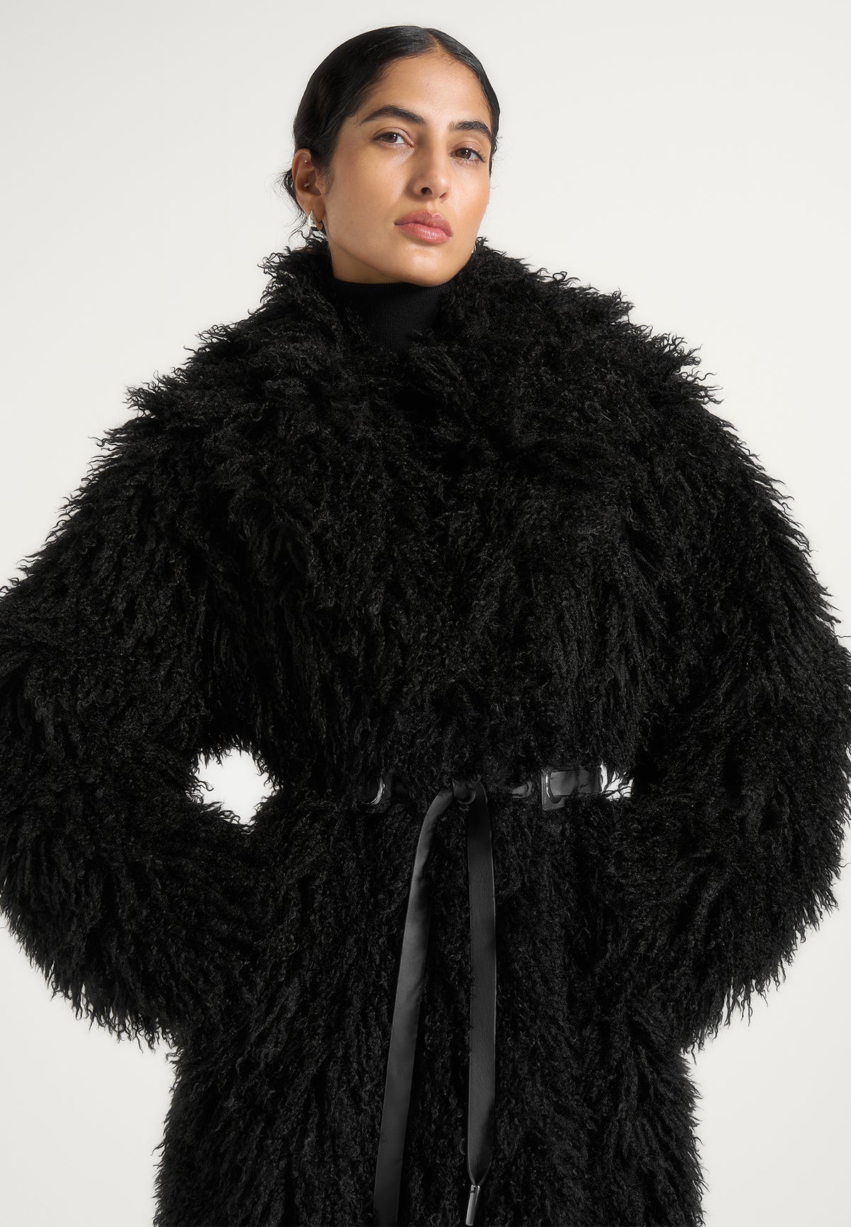 Bria - Oversized Mongolian Fur Coat With Belt - Black