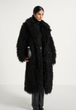 Bria - Oversized Mongolian Fur Coat With Belt - Black