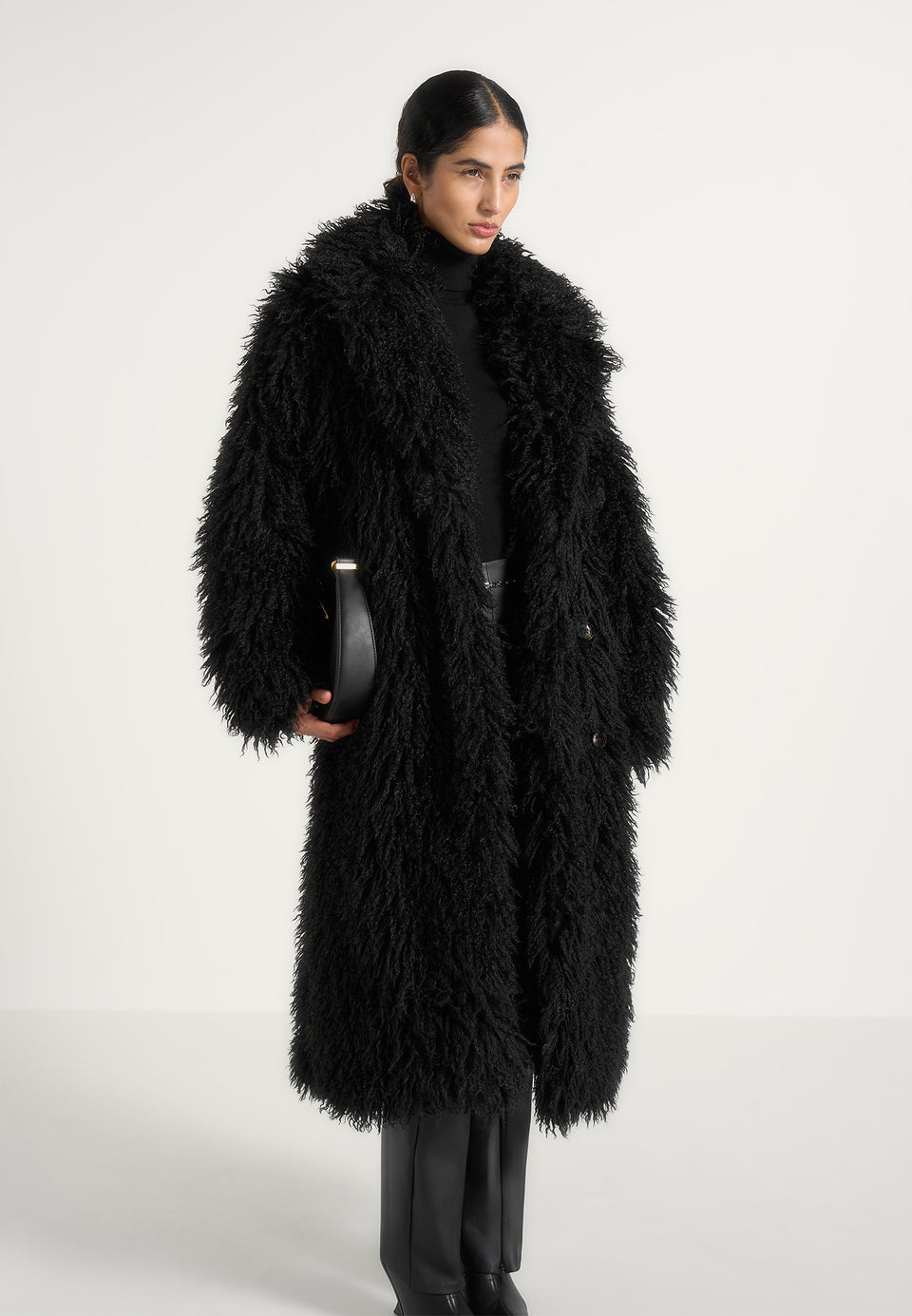 Bria - Oversized Mongolian Fur Coat With Belt - Black