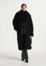 Bria - Oversized Mongolian Fur Coat With Belt - Black