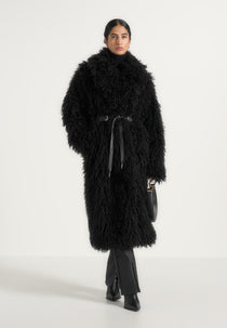Bria - Oversized Mongolian Fur Coat With Belt - Black