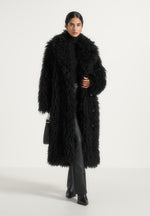 Bria - Oversized Mongolian Fur Coat With Belt - Black