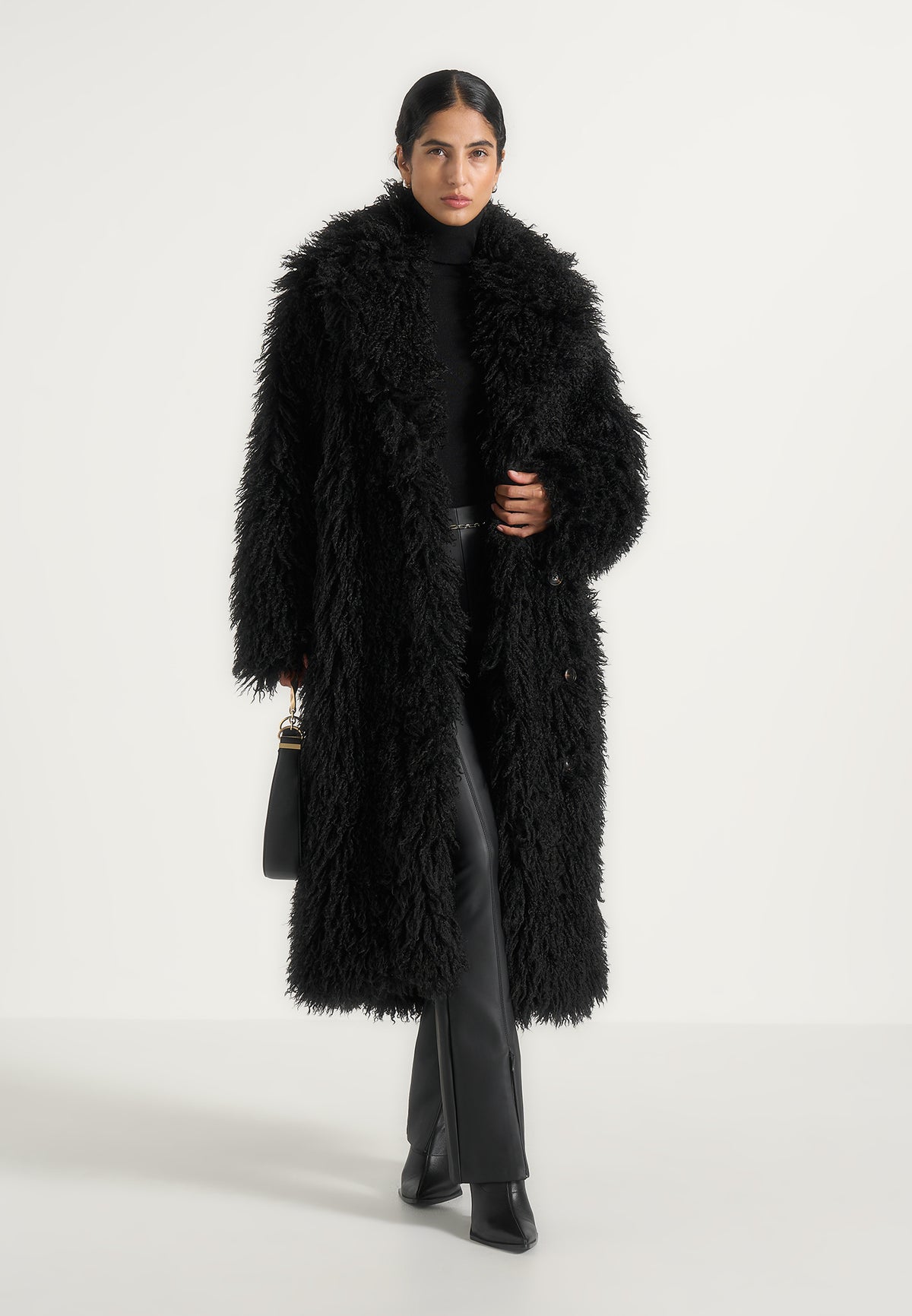 Bria - Oversized Mongolian Fur Coat With Belt - Black